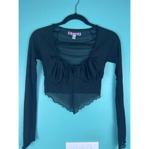 Urban Outfitters Black Sheer Mesh Ruched Crop Top — Lettuce Hem Long Sleeve — Si